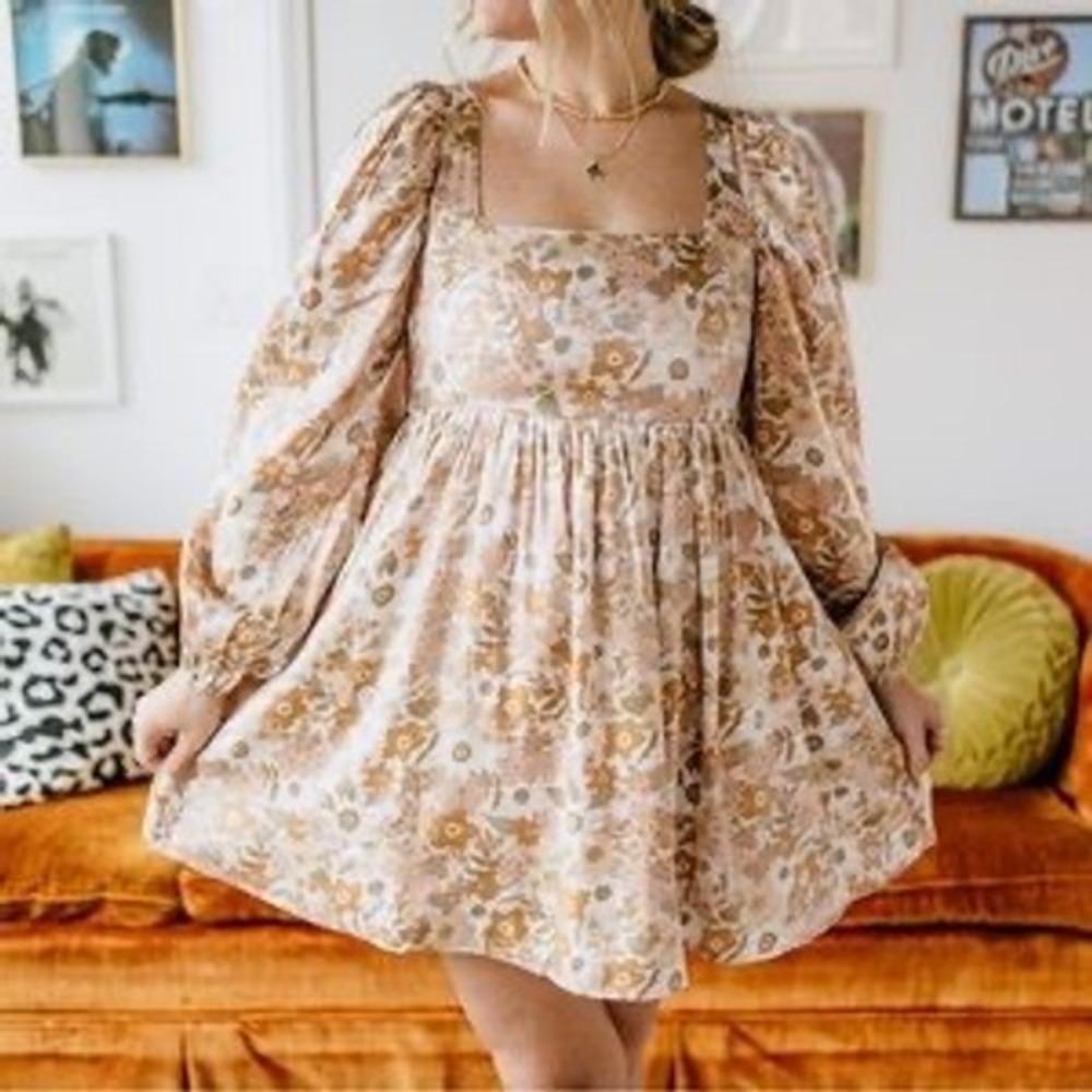 Vada Winter x Maverick Floral Metallic Long Sleeve Smocked Mini Dress Small